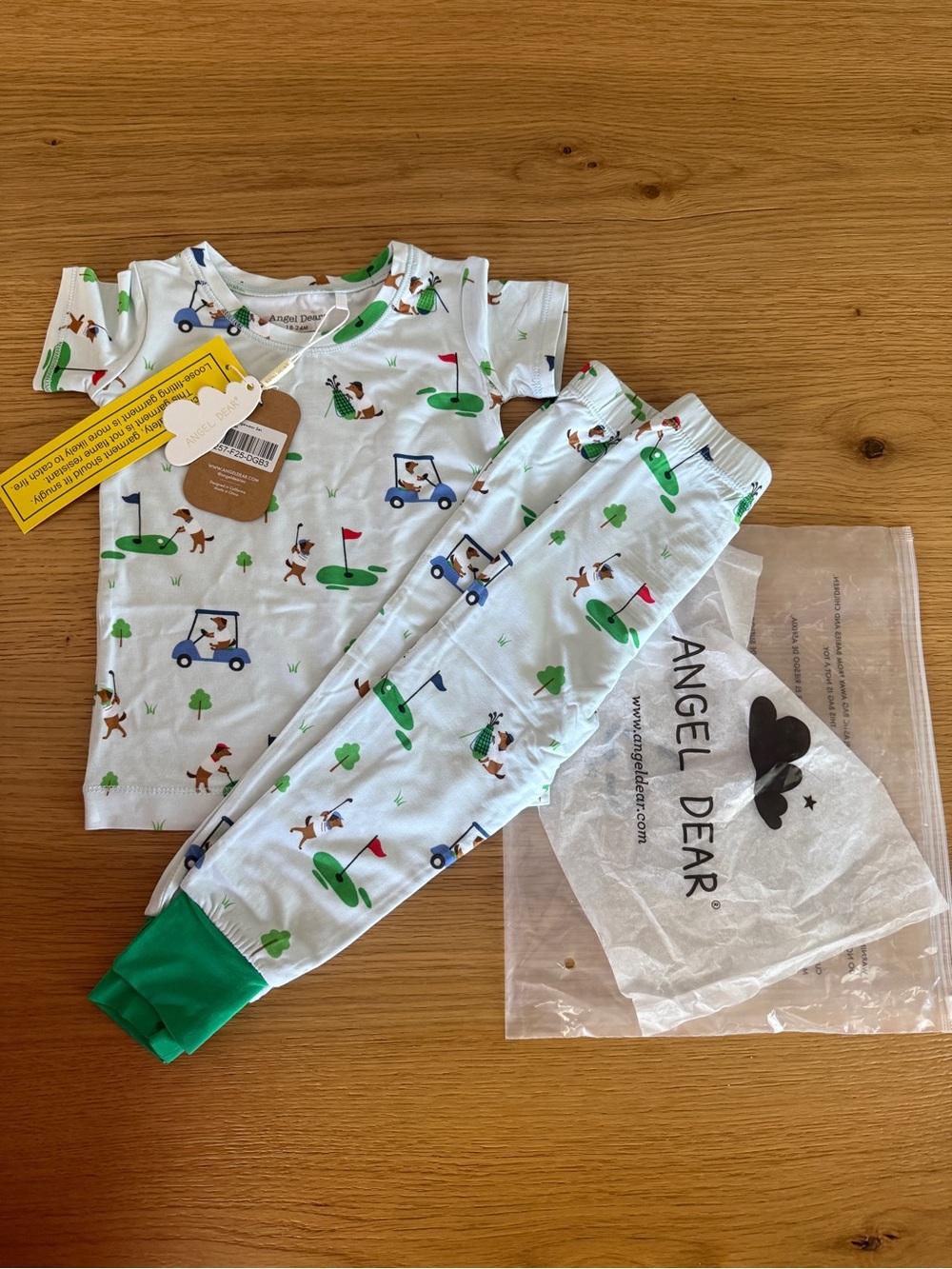 Angel Dear White Baby Pajama Set with Green Golf Print